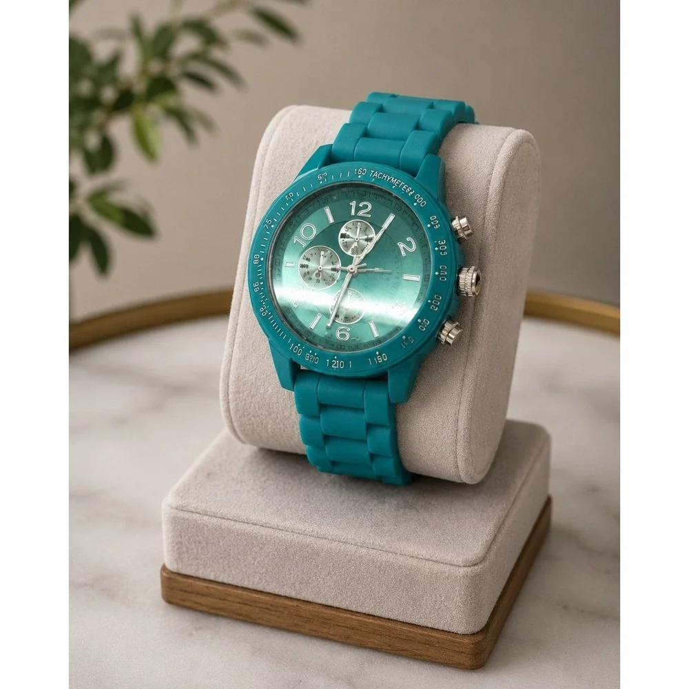 Geneva Womens 7842 Chronograph Style Watch Teal Silicone Band Japan Movt